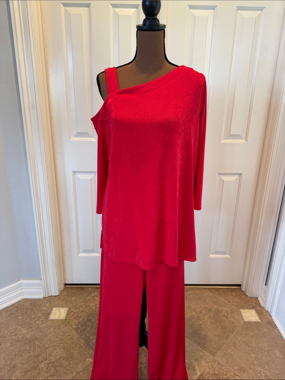 Chico's Vibrant Red One-Shoulder Velvet Top and Pants Set